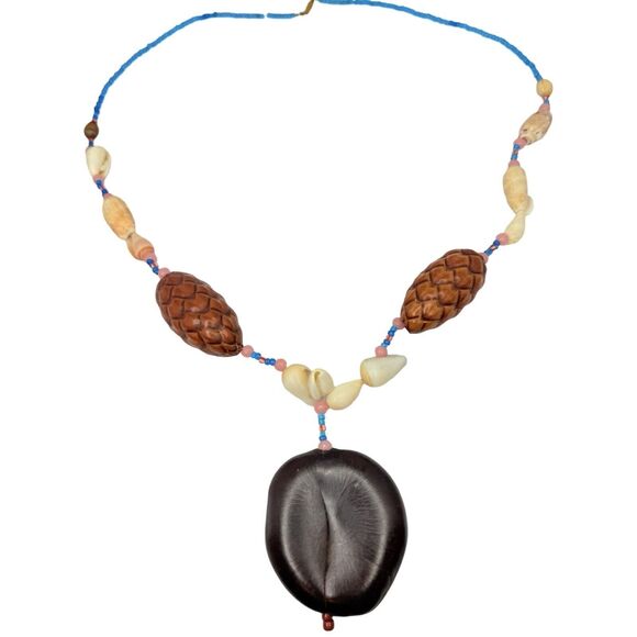 Vintage Carved Tribal Necklace 26" Bombona, Glass, Shells,Carved Bohemian Chunky